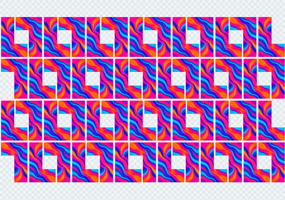 Actual NXRIP shape-based nesting result with 52 identical colorful L-shaped decals rotated and interlocked on one sheet