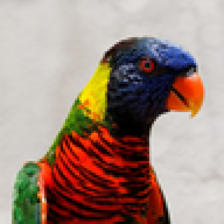 Deliberately low-resolution 96 by 96 pixel parrot before AI upscaling